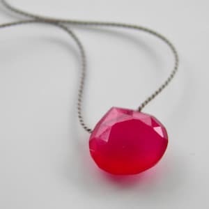 Hot Pink Chalcedony Necklace. Gemstone Necklace Minimalist. Minimal Silk Necklace Bright Pink Gemstone Faceted Briolette. Sterling Silver