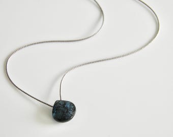 Kyanite Necklace. Teal Moss Kyanite. Gemstone on Silk. Sterling Silver Heart Briolette. Minimalist Minimal Kyanite Necklace