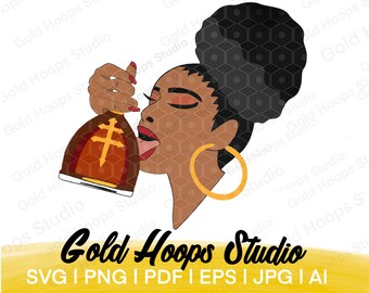 May include: A digital illustration of a woman with a black afro bun, wearing gold hoop earrings, and holding a bottle of cognac. The bottle has a gold cross on the label. The woman is licking her lips and looking at the bottle.