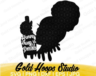 May include: Black silhouette of a woman with an afro hairstyle and dripping paint. The text "Honey Thing is Possible" is written in white on the silhouette.