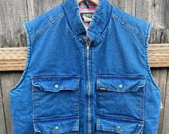 Vintage Osh Kosh Men’s Denim Insulated Vest Size XL Flannel Lined Cargo Pockets