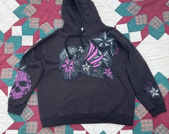 Reworked Upcycled Y2K Skulls and Stars Hoodie Size XL/2XL Graphic Applique Black Sweatshirt