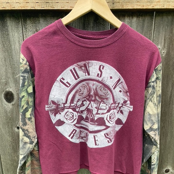 Upcycled Guns n Roses Longsleeve Crop Top, Reworked Band Tee, Recycled Clothing, Thrift Flip, Cropped Longsleeve