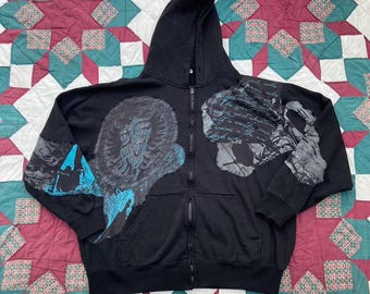 Reworked Vintage Y2K Patchwork Hoodie Mens XL Affliction Style Grunge Streetwear Upcycled Sweatshirt