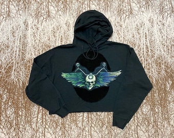 Upcycled Reworked Vintage Motorcycle Graphic Crop Hoodie size Large, Skull Biker Cropped Sweatshirt