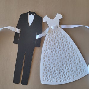 Vestido de novia de encaje y banner de boda de esmoquin o recortes SVG, archivos digitales de dos capas