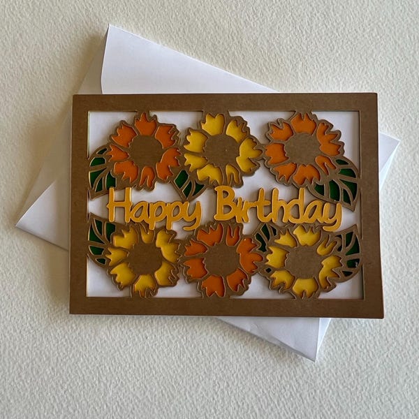 Sunflower Happy Birthday Card  A6 and Envelope SVG, Digital Cut File