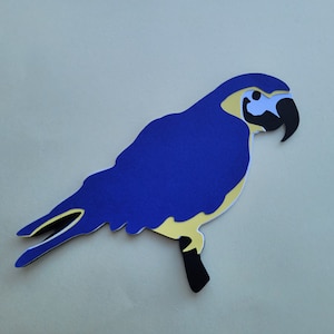 May include: A blue, yellow, and black paper cutout of a parrot. The parrot is facing right and has a long tail.