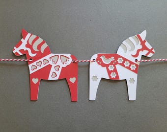 Scandinavian Dala Horse Banner and Cut Out SVGs, Layered Digital Files