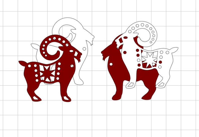 May include: Two red paper cutouts of a goat with intricate designs. The goat on the left has a star design on its body and the goat on the right has a circle design on its body.