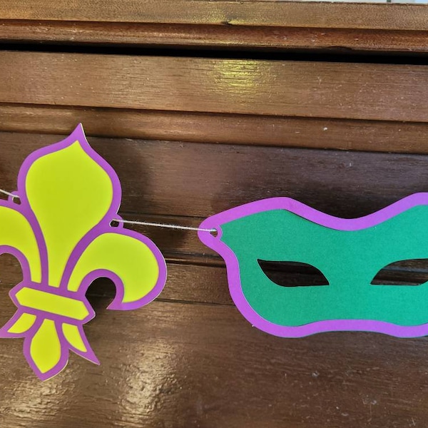 Simple Mardi Gras Garland SVG, Digital Two Layers for Cricut Cutting Machine Fleur de Lis and Mask