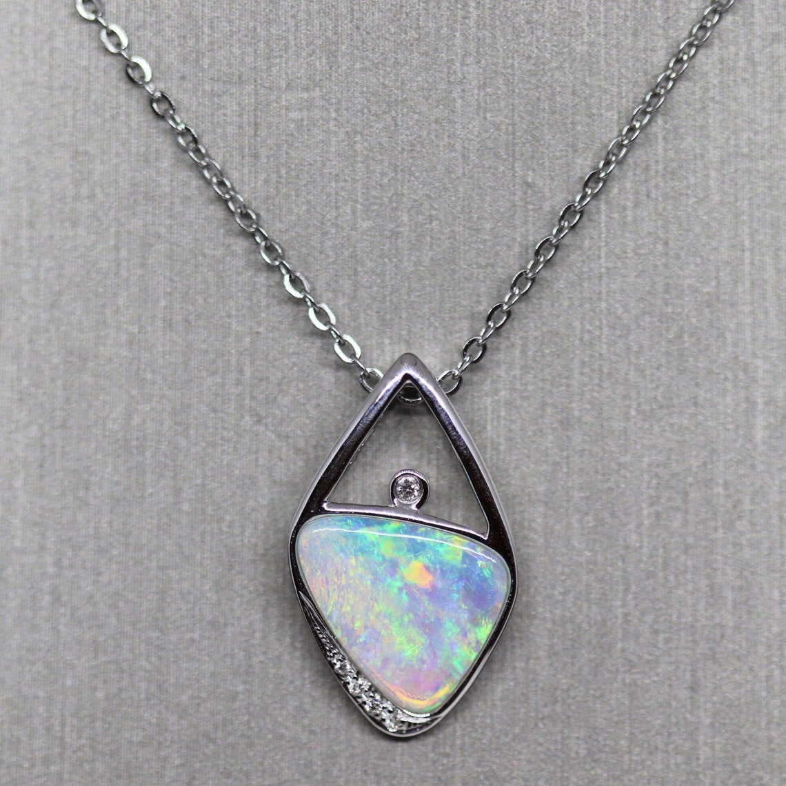 14k White Gold Crystal Solid Opal & Diamonds Pendant | Etsy