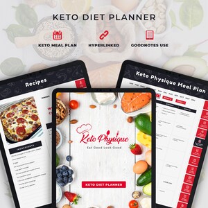 May include: A digital planner for the Keto Physique diet plan. The planner includes a meal plan, recipes, and good notes. The cover of the planner features a chef's hat with the words "Keto Physique" and "Eat Good Look Good".