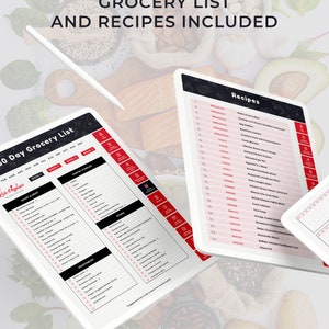 May include: A 30-day grocery list and recipe guide with a black and white design. The list includes categories for dairy and meat, pantry staples, vegetables, and other. The recipes include breakfast, lunch, dinner, and snacks.