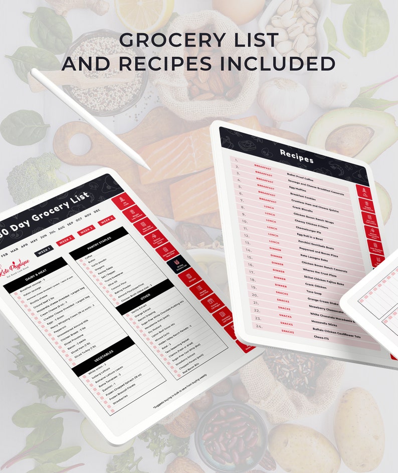 May include: A 30-day grocery list and recipe guide with a black and white design. The list includes categories for dairy and meat, pantry staples, vegetables, and other. The recipes include breakfast, lunch, dinner, and snacks.