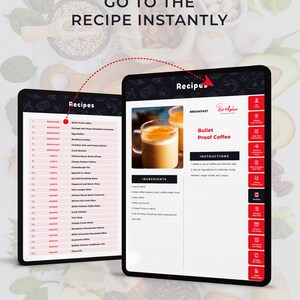 May include: A digital tablet displaying a recipe for Bullet Proof Coffee. The recipe includes ingredients like coffee, butter, and coconut oil. The tablet is on a table with a variety of fruits and vegetables in the background.