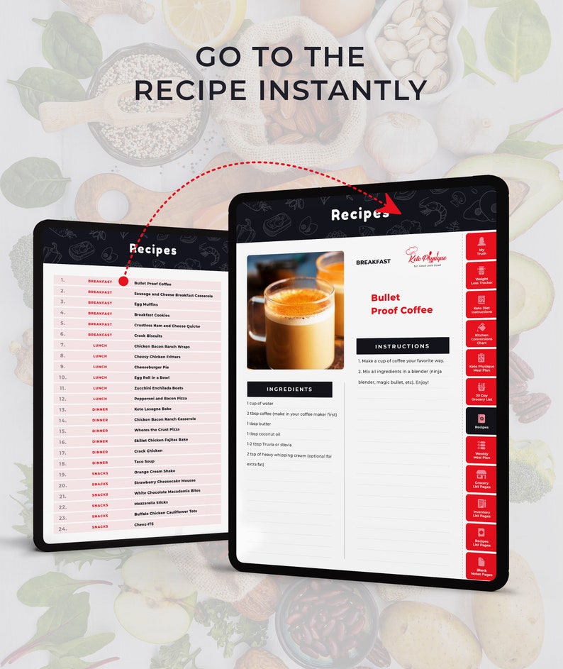 May include: A digital tablet displaying a recipe for Bullet Proof Coffee. The recipe includes ingredients like coffee, butter, and coconut oil. The tablet is on a table with a variety of fruits and vegetables in the background.