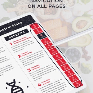 May include: A digital tablet displaying a keto diet guide with a red outline highlighting the navigation menu. The menu includes sections for weight loss tracker, keto diet instructions, kitchen conversions, keto meal plan, 30-day grocery list, recipes, weekly meal plan, inventory list, and recipe list pages. The guide explains the benefits of a keto diet, including decreased insulin and blood sugar levels, fat release from cells, production of ketones, and production of energy.