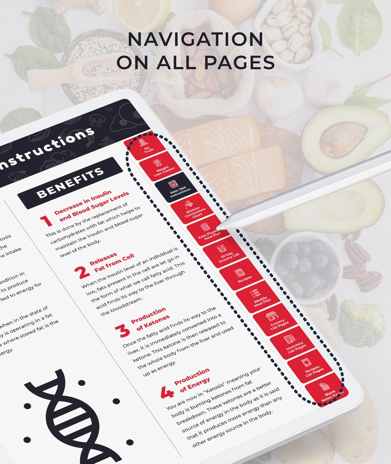 May include: A digital tablet displaying a keto diet guide with a red outline highlighting the navigation menu. The menu includes sections for weight loss tracker, keto diet instructions, kitchen conversions, keto meal plan, 30-day grocery list, recipes, weekly meal plan, inventory list, and recipe list pages. The guide explains the benefits of a keto diet, including decreased insulin and blood sugar levels, fat release from cells, production of ketones, and production of energy.