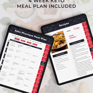 May include: A digital tablet displaying a 4-week keto meal plan with a recipe for Crack Chicken. The meal plan includes breakfast, lunch, dinner, and snack options for each week. The recipe includes ingredients and instructions for making the dish.
