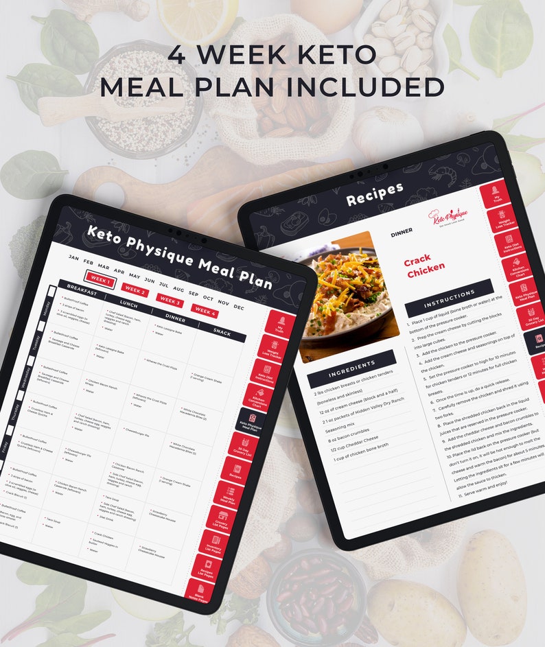 May include: A digital tablet displaying a 4-week keto meal plan with a recipe for Crack Chicken. The meal plan includes breakfast, lunch, dinner, and snack options for each week. The recipe includes ingredients and instructions for making the dish.