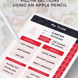 May include: A digital planner on a tablet with a red and white design. The planner is titled "My Truth" and includes sections for "My Why", "Inspiration and Motivation", "New Better Habits", and "Bad Habits I'll Stop".