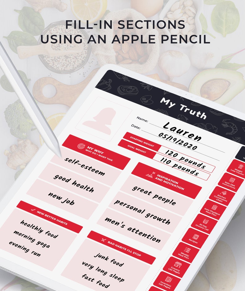May include: A digital planner on a tablet with a red and white design. The planner is titled "My Truth" and includes sections for "My Why", "Inspiration and Motivation", "New Better Habits", and "Bad Habits I'll Stop".