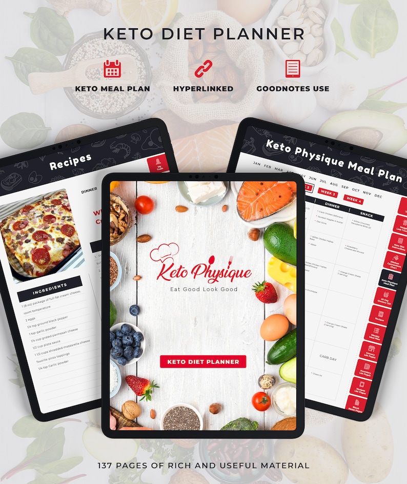 May include: A digital planner for the Keto Physique diet plan. The planner includes a meal plan, recipes, and good notes. The cover of the planner features a chef's hat with the words "Keto Physique" and "Eat Good Look Good".