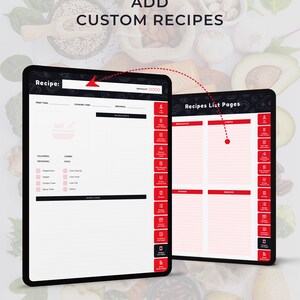 May include: A digital planner template for adding custom recipes. The template includes sections for prep time, cooking time, servings, ingredients, calories, protein, carbs, fat, directions, and a difficulty rating. The template also includes a recipes list page with sections for breakfast, lunch, dinner, and snacks.