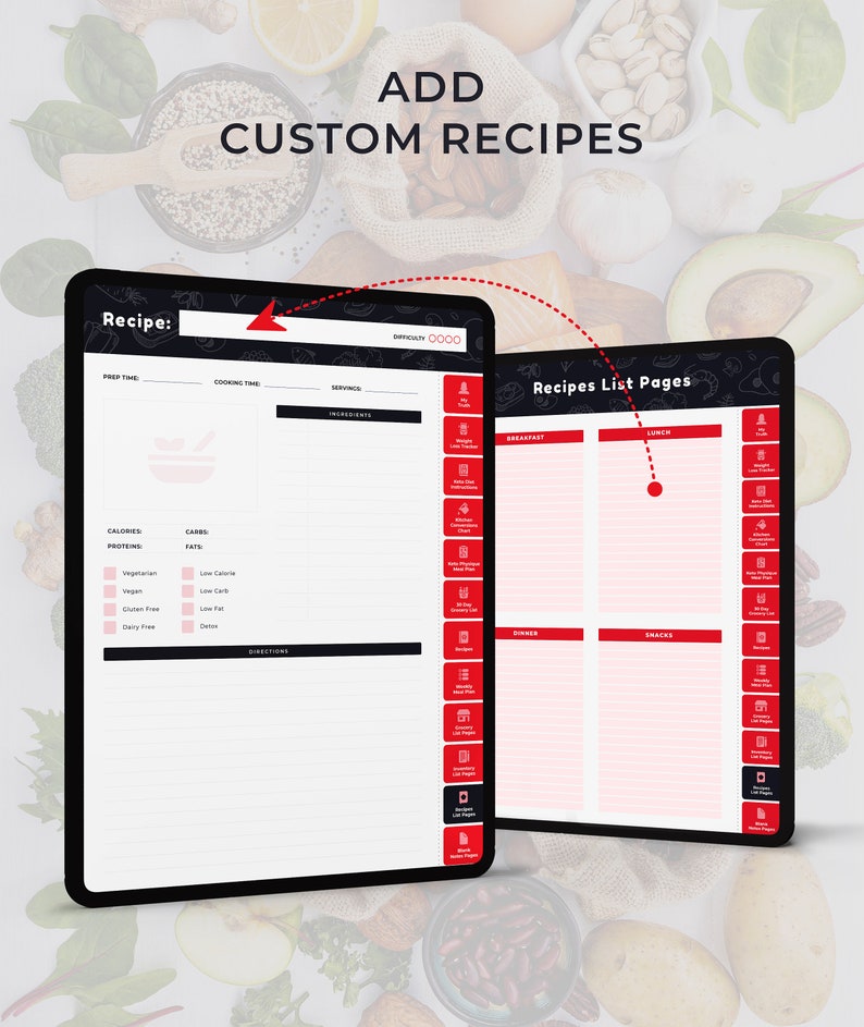 May include: A digital planner template for adding custom recipes. The template includes sections for prep time, cooking time, servings, ingredients, calories, protein, carbs, fat, directions, and a difficulty rating. The template also includes a recipes list page with sections for breakfast, lunch, dinner, and snacks.