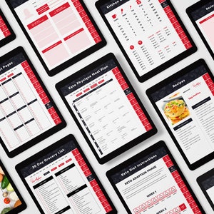 May include: A set of printable digital downloads for a keto diet plan. The documents include a 30-day grocery list, a keto physique meal plan, kitchen conversions chart, recipes, and keto diet instructions.