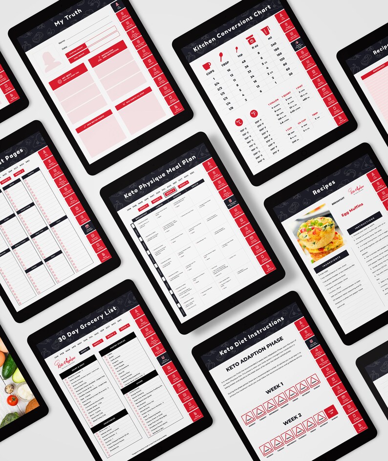 May include: A set of printable digital downloads for a keto diet plan. The documents include a 30-day grocery list, a keto physique meal plan, kitchen conversions chart, recipes, and keto diet instructions.