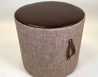 Tailored Round Ottoman, Chocolate Leather & Herringbone Fabric, Single Leather Handle, 18" Diam. x 17" H, Made in ATL USA