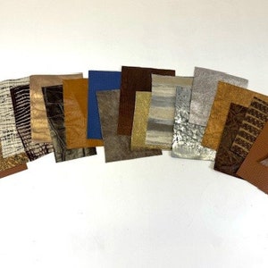 May include: A collection of 16 different leather swatches in various colors and textures, including brown, tan, gray, and blue. The swatches are arranged in a semi-circle on a white background.