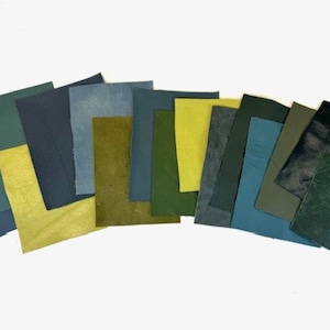 May include: A collection of 13 leather swatches in various shades of green, blue, and yellow. The swatches are arranged in a semi-circle on a white background.