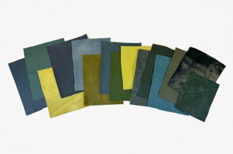May include: A collection of 13 leather swatches in various shades of green, blue, and yellow. The swatches are arranged in a semi-circle on a white background.
