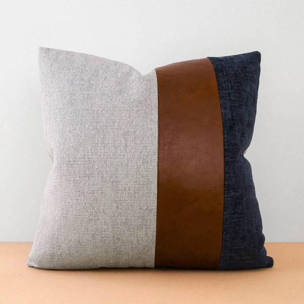 NAVY and Medium Grey Textiles, English Pub Brown Leather Color Block Pillow | Stitched in Atlanta, GA | 'Oliver Twist III'