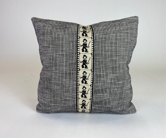 UNIQUE, Nostalgic Film Entertainer Trim on Black & Oyster Woven Textile, 16" x 16" Pillow Cover | Stitched in Atlanta, GA | 'Charlie'