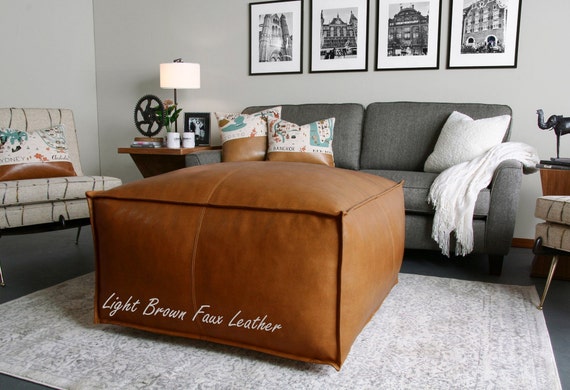 Ottoman In Faux Vegan Leather Brown, Light Brown Leather Ottoman
