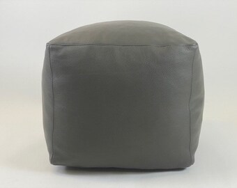 USA Made Top Grain Leather "Shark Gray" Moroccan Pouf, 18"x18"x16" H | Handmade in our Atlanta workshop