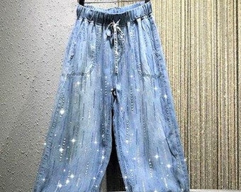 jeans with hanging rhinestones