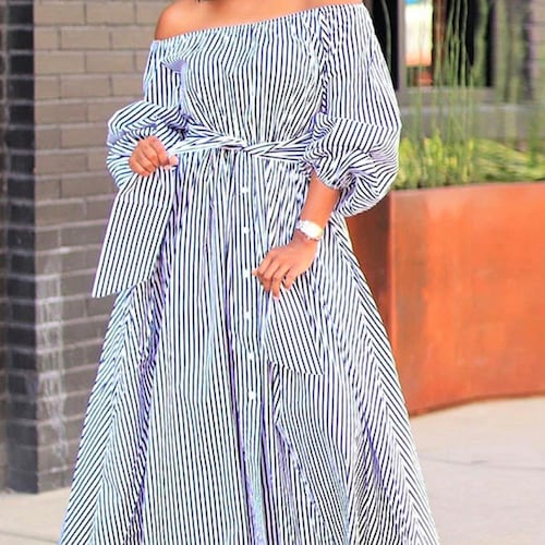 Summer Stripe Maxi Dress Button Front With Tie Belt in Blue or - Etsy