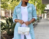 Distressed Long Denim Jacket Dress Coat Vintage Style Streetwear Light Blue in Sizes S-XXXL Uk