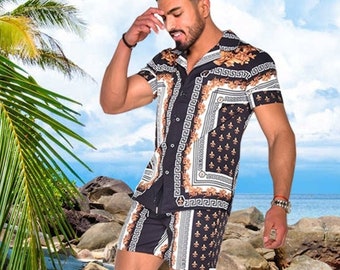 Mylivingdreamstore Mens Tropical Print Shirt and Shorts Set 2 Exotic Prints Great Casual Streetwear or Beachwear in Sizes S - XXXL