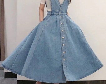 midi denim pinafore dress