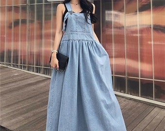 midi denim pinafore dress