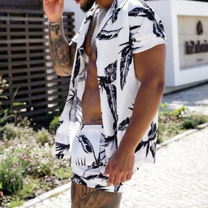 Mens Tropical Print Shirt and Shorts Set in Black and White - Etsy