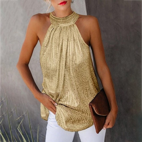 Flattering High Neck Sleeveless Shimmer Party Top in Gold - Etsy
