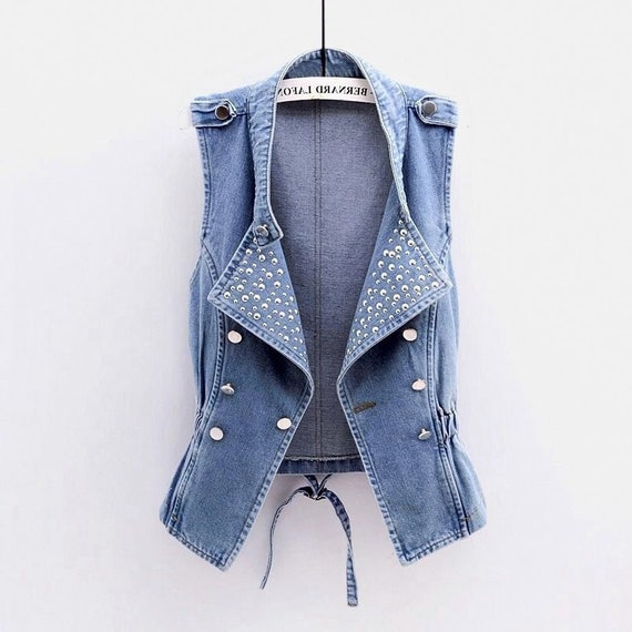 Womens Studded Denim Jacket Streetwear Sleeveless Vintage Biker Style Sizes S - XXL