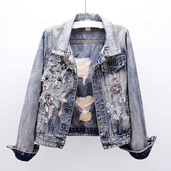 Vintage Streetwear Applique Distressed Denim Jacket With Pink - Etsy